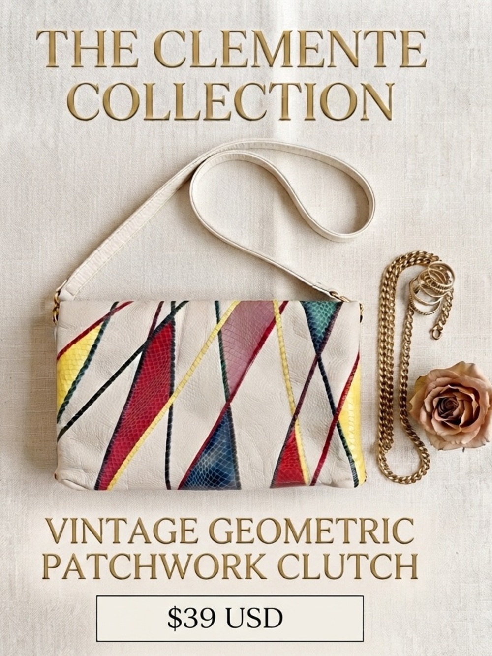 Vintage Clemente Geometric Patchwork Clutch & Crossbody - Colorful Retro Style.